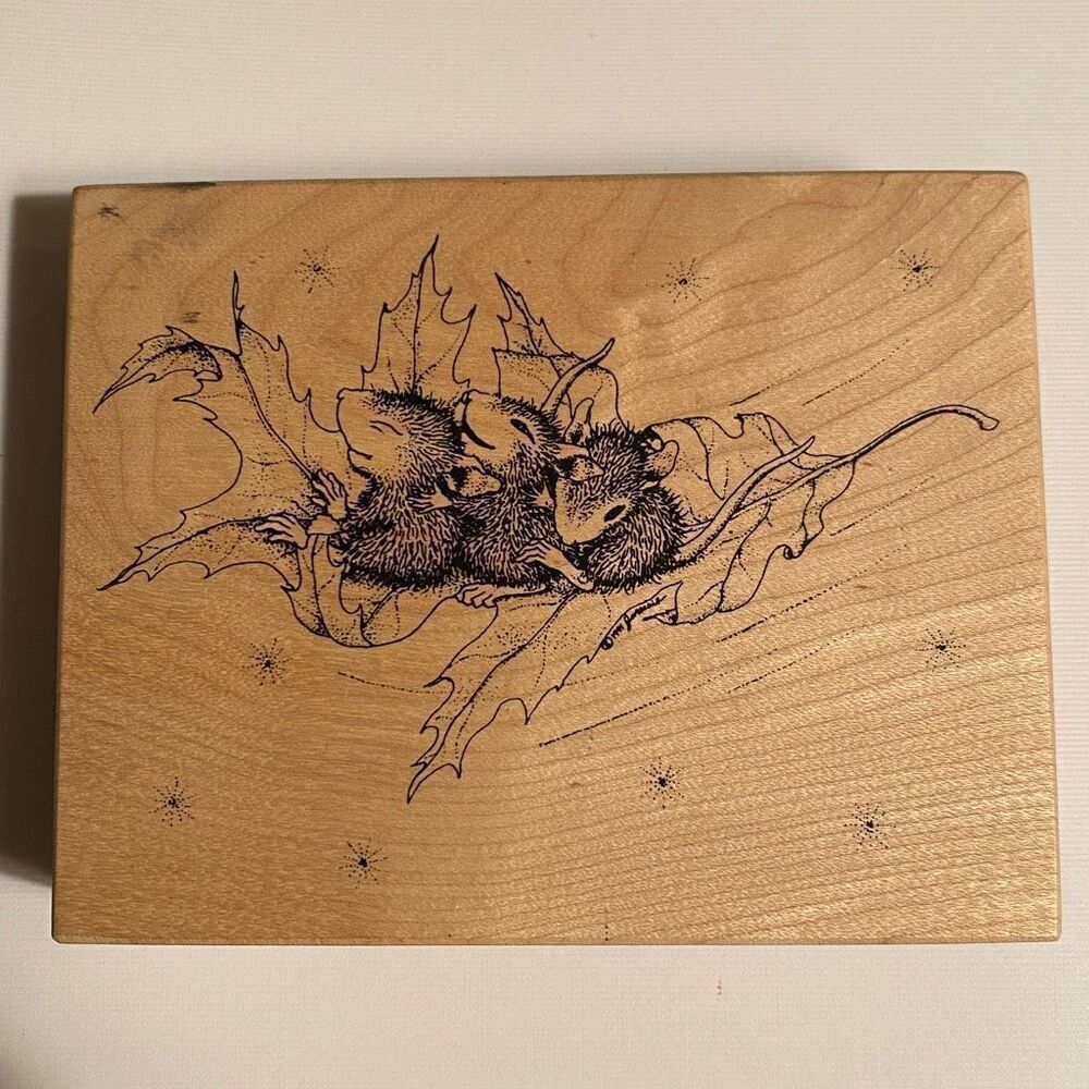 House Mouse Autumn Floating on a Leaf Fall Rubber Stamp 1997